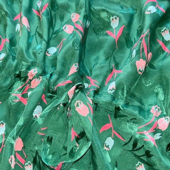 Rebecca Taylor Size 6 Green Floral 100% Silk Long Sleeve Tie Waist Blouse - Picture 9 of 11